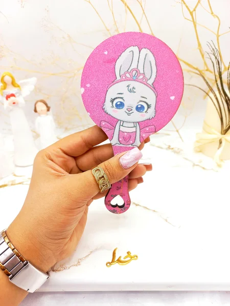 آینه دسته چوبی دایره فانتزی طرح حیوانات