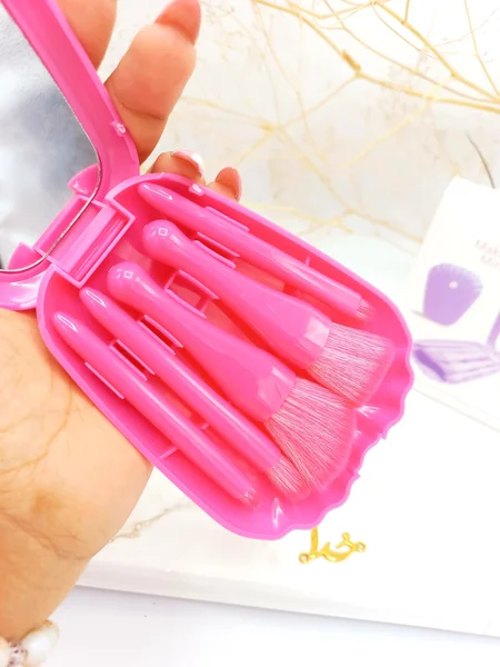 ست براش 5 تیکه باکس دار صدفی آینه دار سرخابی