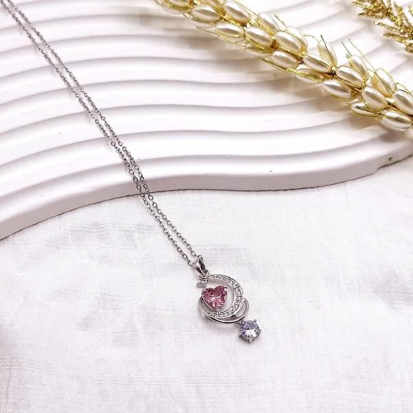 گردنبند زنانه سوارسکی ماه نگینی و قلب صورتی استیل