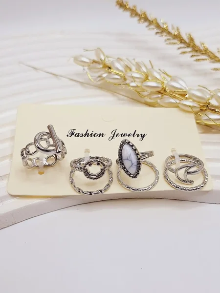 پک انگشتر Fashion Jewelry رنگ نقره ای آبکاری رادیوم (طرح اول)