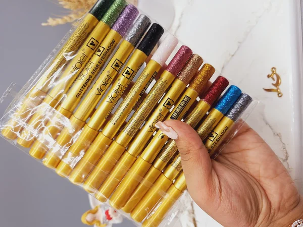 پک 12 تایی مداد چشم گلیتری برند violet پوکه طلایی کد 4642